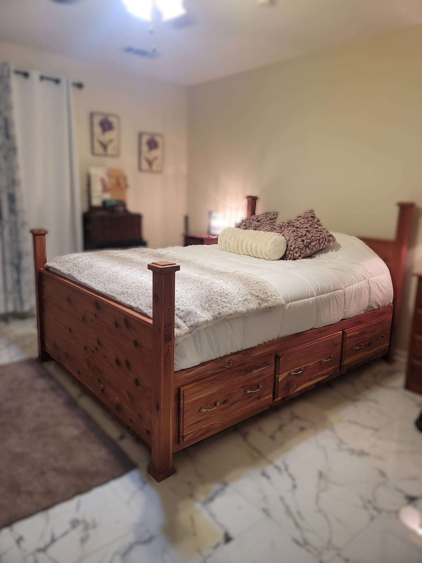 Queen size Cedar Bed frame with drawers.