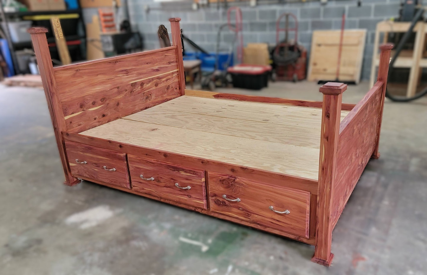 Queen size Cedar Bed frame with drawers.