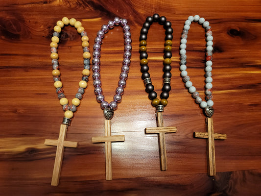 Hanging beaded Oak Cross.