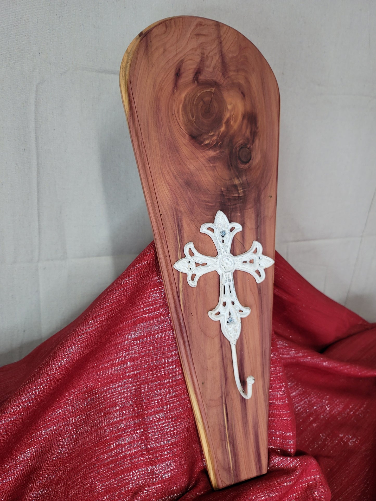 Cedar wall plaque with white metal cross