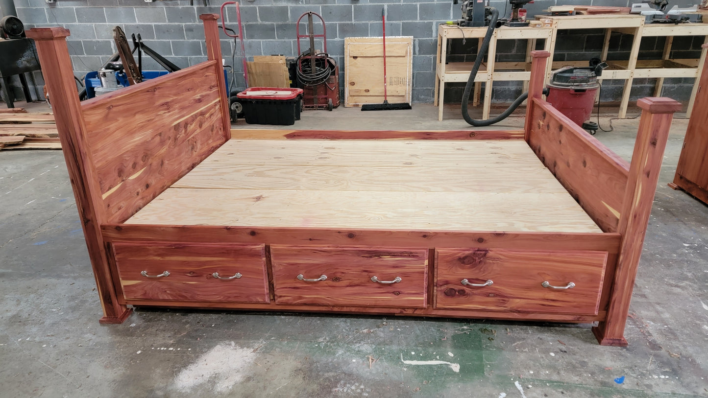 King size Cedar Bed frame with extra large drawers.