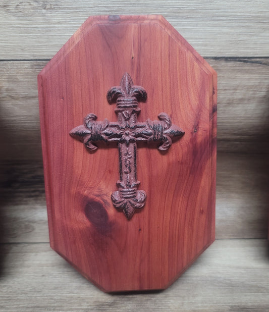 Cedar wall plaque with metal cross